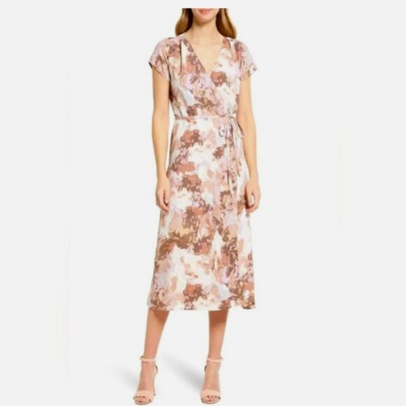 Halogen Short Sleeve Midi V-Neck Beige-Purple Wax Paint Wrap Dress XXL - Picture 1 of 16